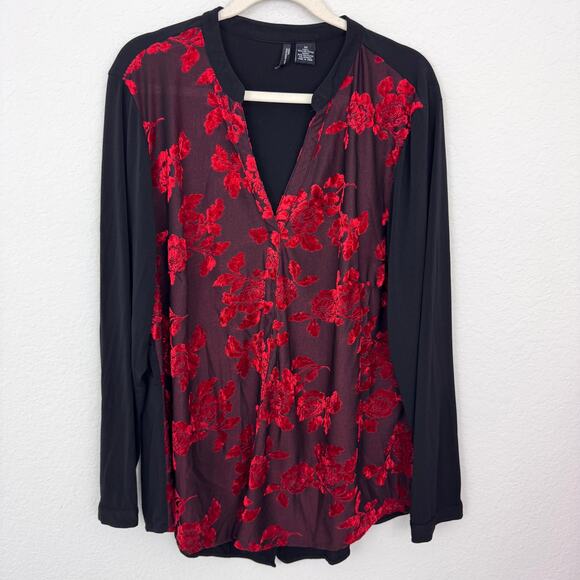 New Directions Womens Blouse Top Size 3X Velvet Burnout Floral Rose Sheer Red - Picture 1 of 7